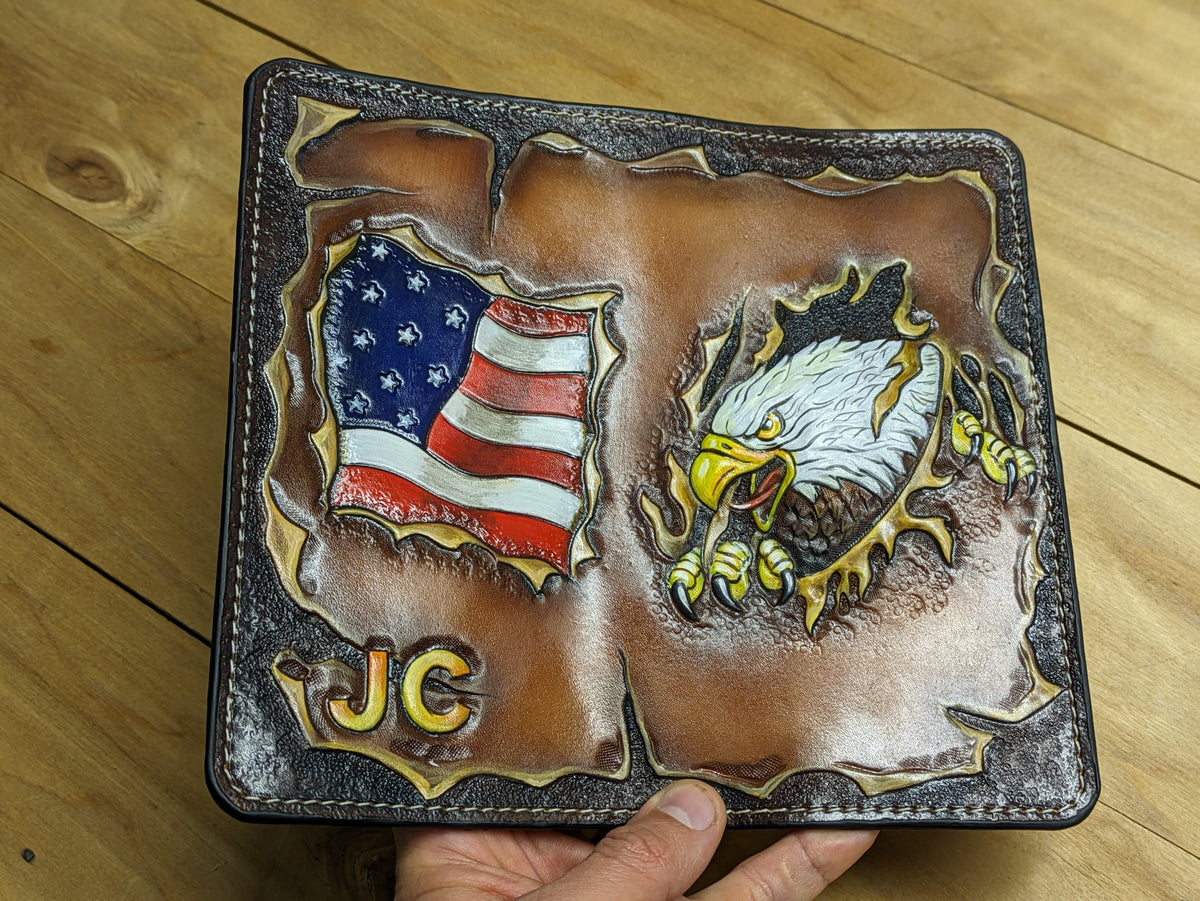 M2V5, Embossed Patriotic Long Leather Biker Wallet | USA Flag & Bald Eagle Chain Wallet