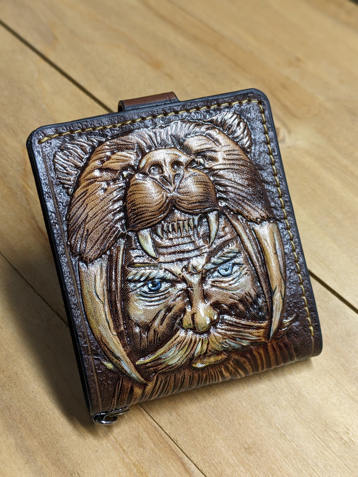 M1Q9, Veles Symbol Handmade Bifold Leather Wallet | Bear Warrior - Slavic Mythology Gift for Him