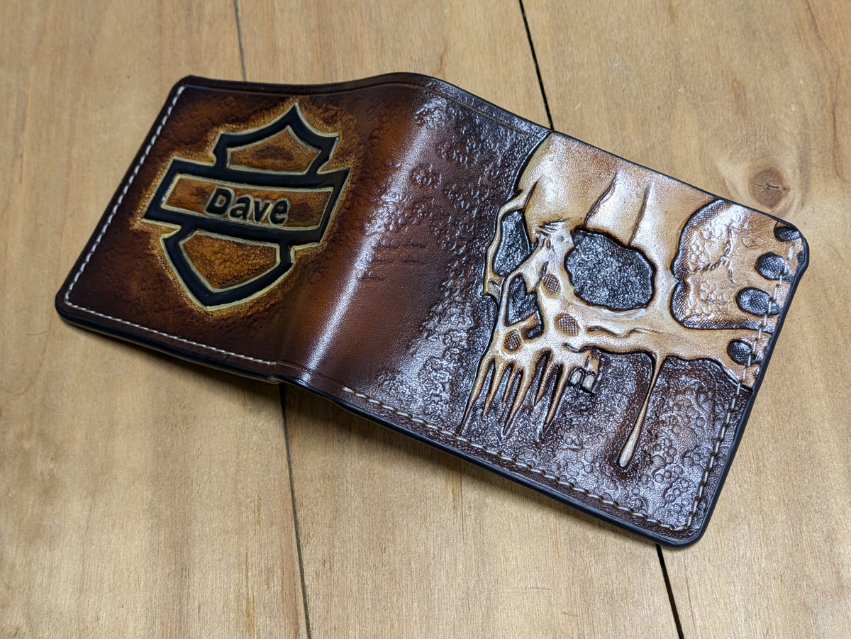 M1D10, Harley Davidson Biker Leather Wallet | Melting Skull & Zombie Design