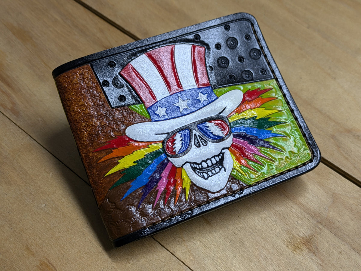 M1V25, Grateful Dead Bifold Leather Wallet | Psychedelic Uncle Sam, US Blues Skeleton