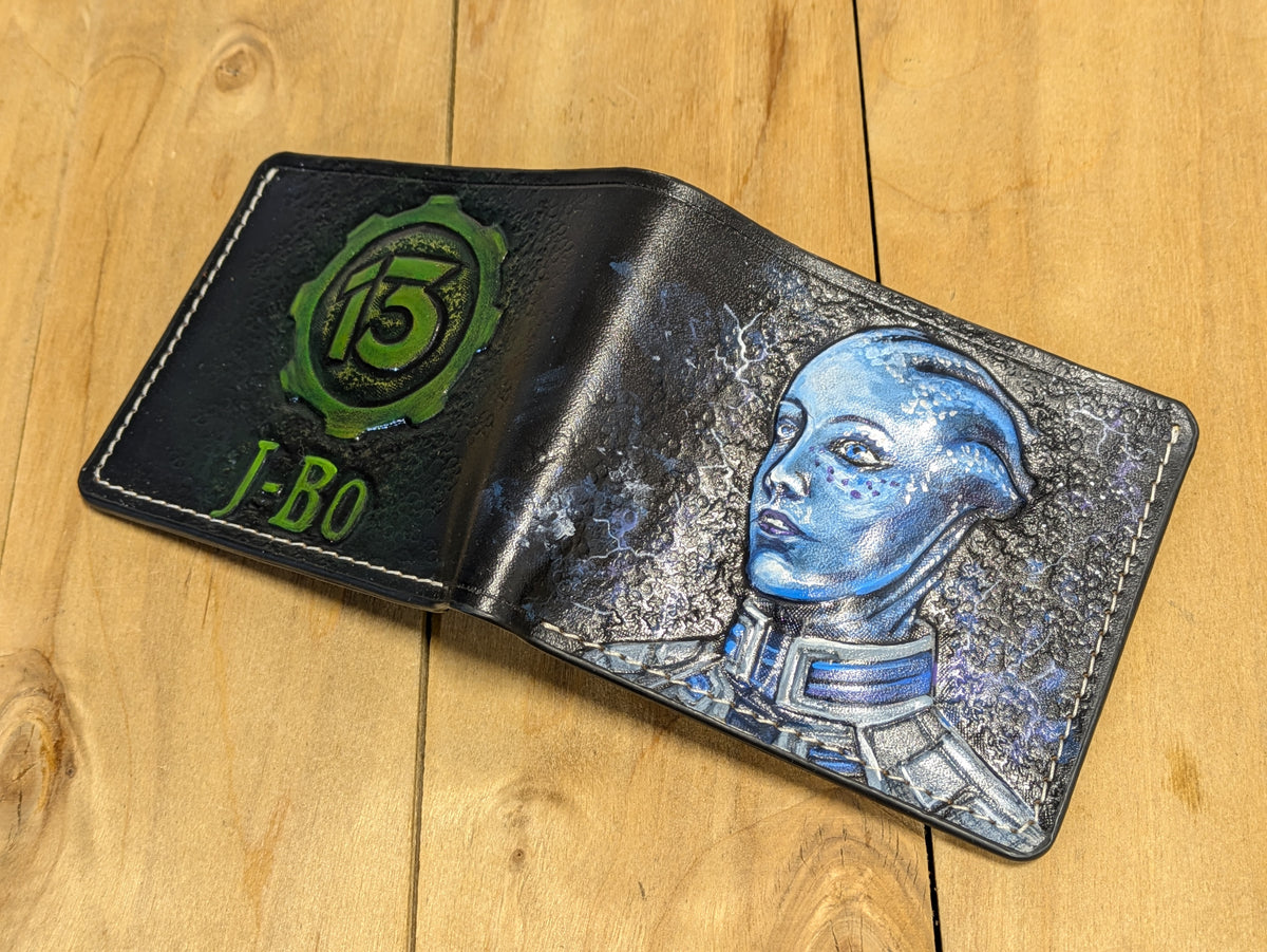 M1J49, Mass Effect & Fallout Leather Bifold Wallet | Liara T'Soni, Vault 13, T-60 Power Armor