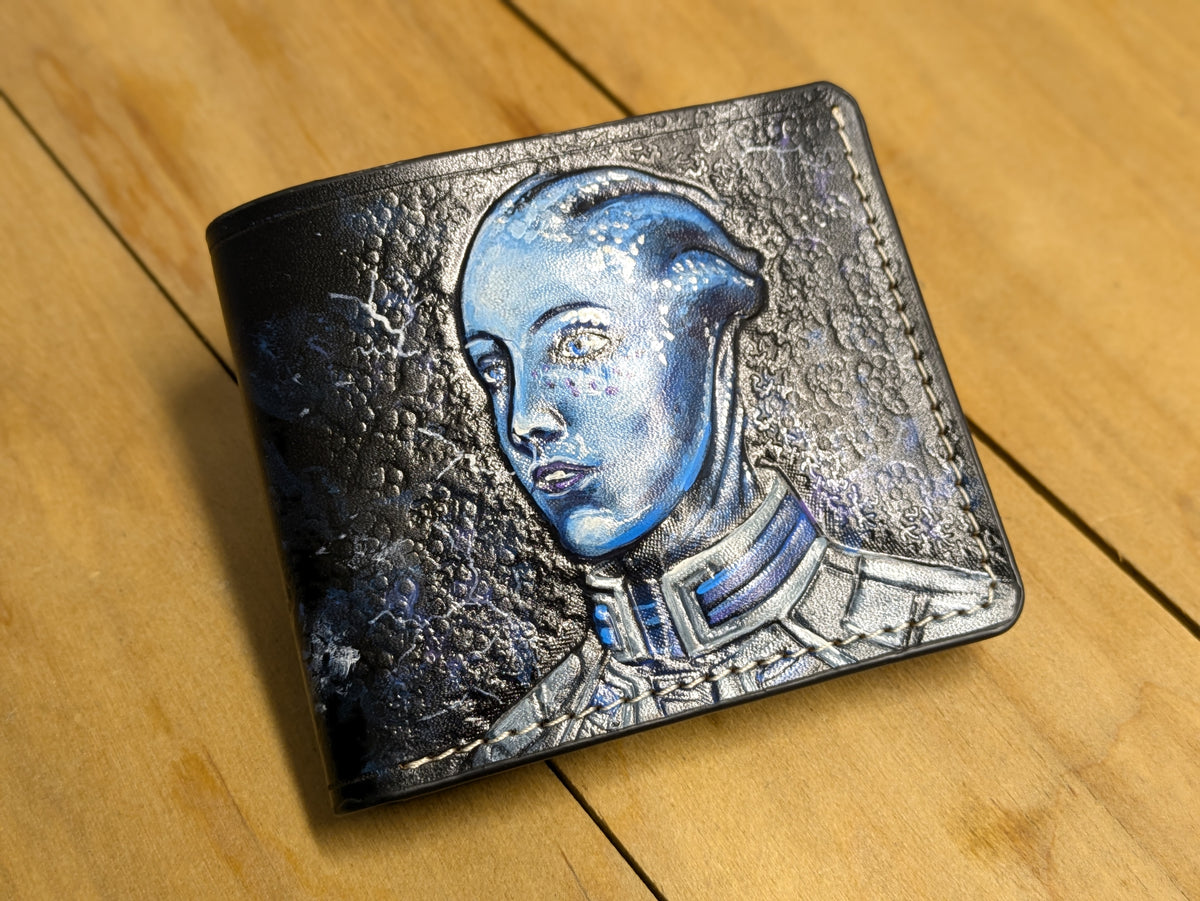 M1J50, Mass Effect Leather Bifold Wallet | Liara T'Soni, Shepard, Garrus – Perfect Gamer Gift