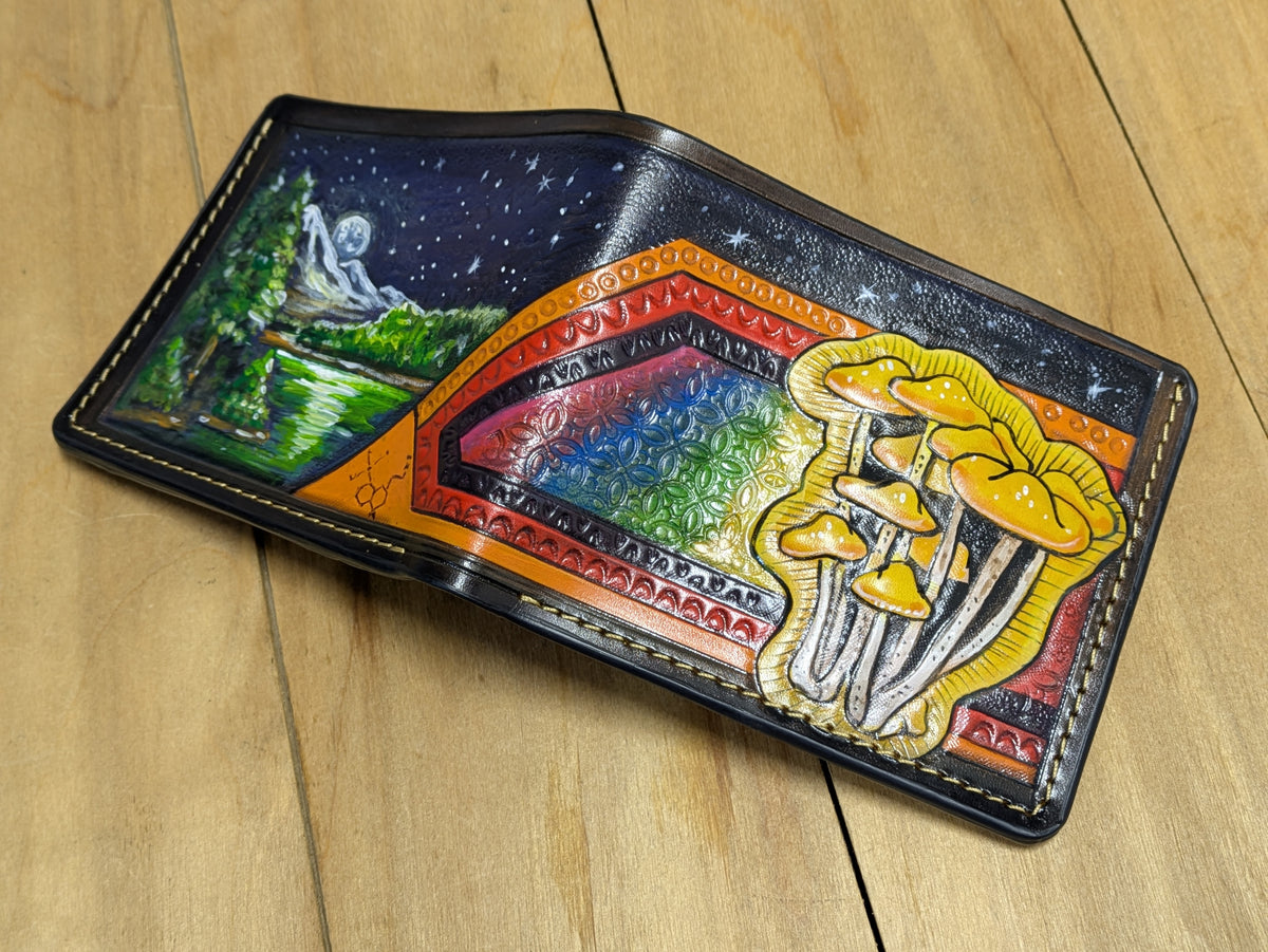 M1C4, Magic Mushroom Bifold Leather Wallet | Psilocybe Azurescens & Moonlit Mountain Design