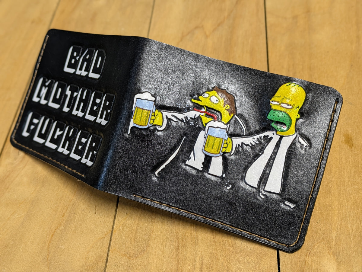 M1M29, Bad Mother Fucker Leather Bifold Wallet | Pulp Fiction & Homer Simpsons Design