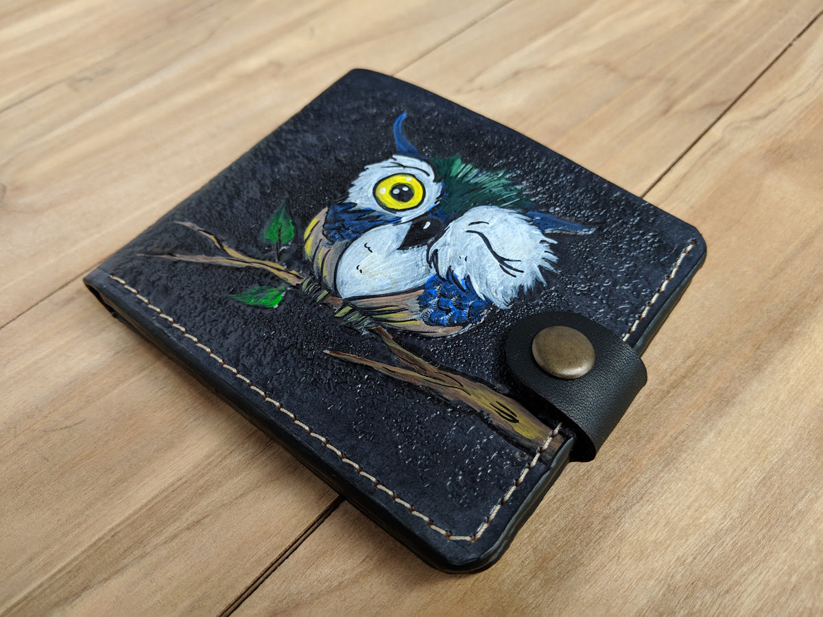Handmade leather bifold wallet with tooled cartoon owl design, perfect Christmas gift for him