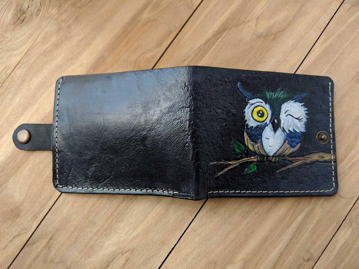 Handmade leather bifold wallet with painted cartoon owl design, perfect Christmas gift for him