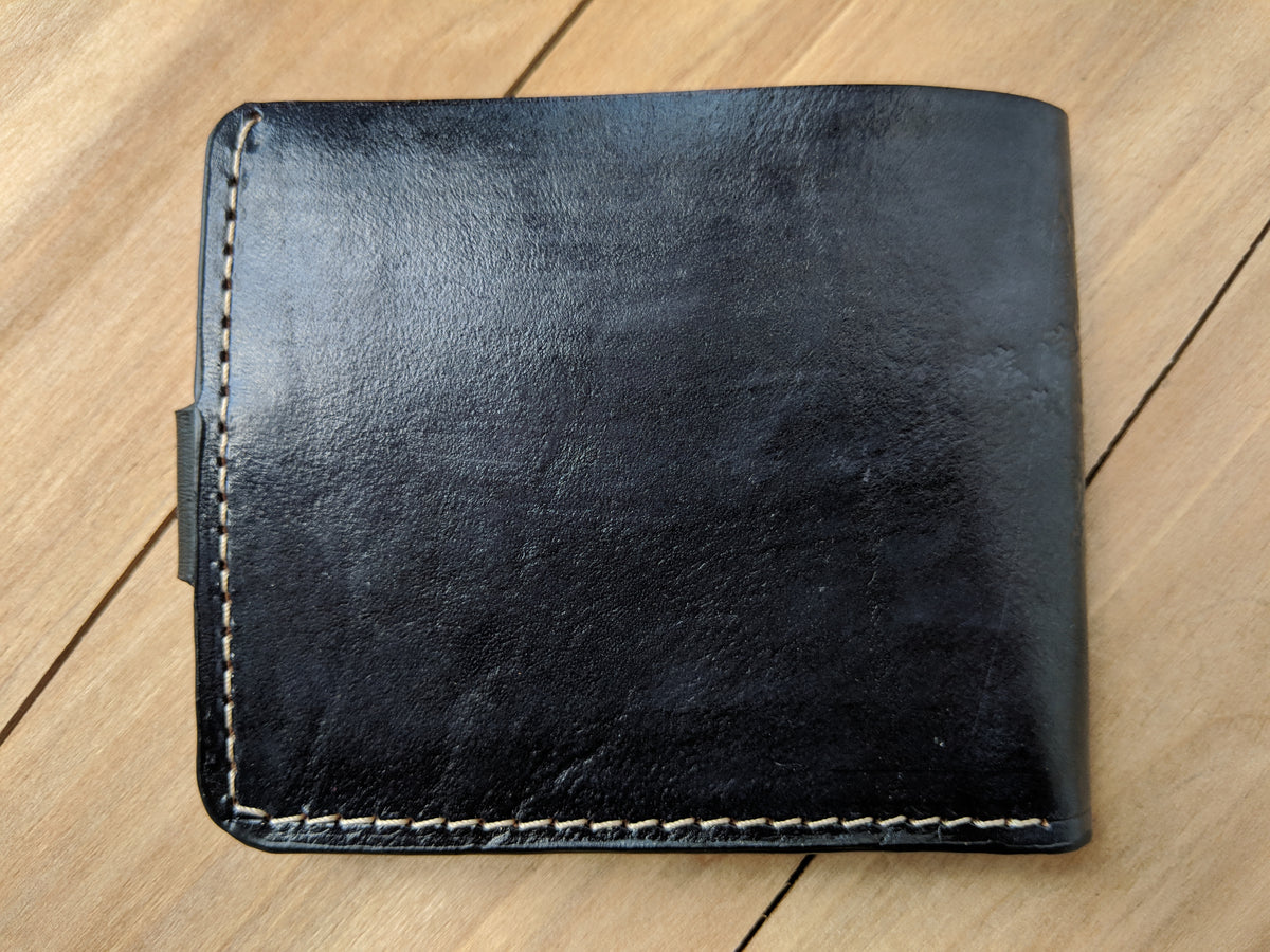 Handmade leather bifold wallet with embossed cartoon owl design, perfect Christmas gift for him