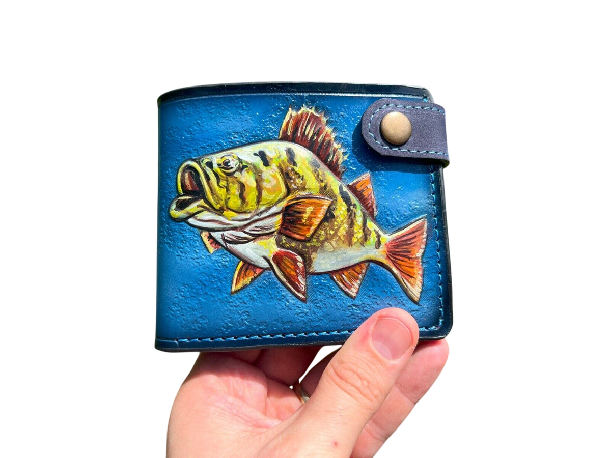 #026 Hand Tooled Fish Leather Bifold Wallet – Embossed Anime Fisherman Biker Wallet, Gift for Him