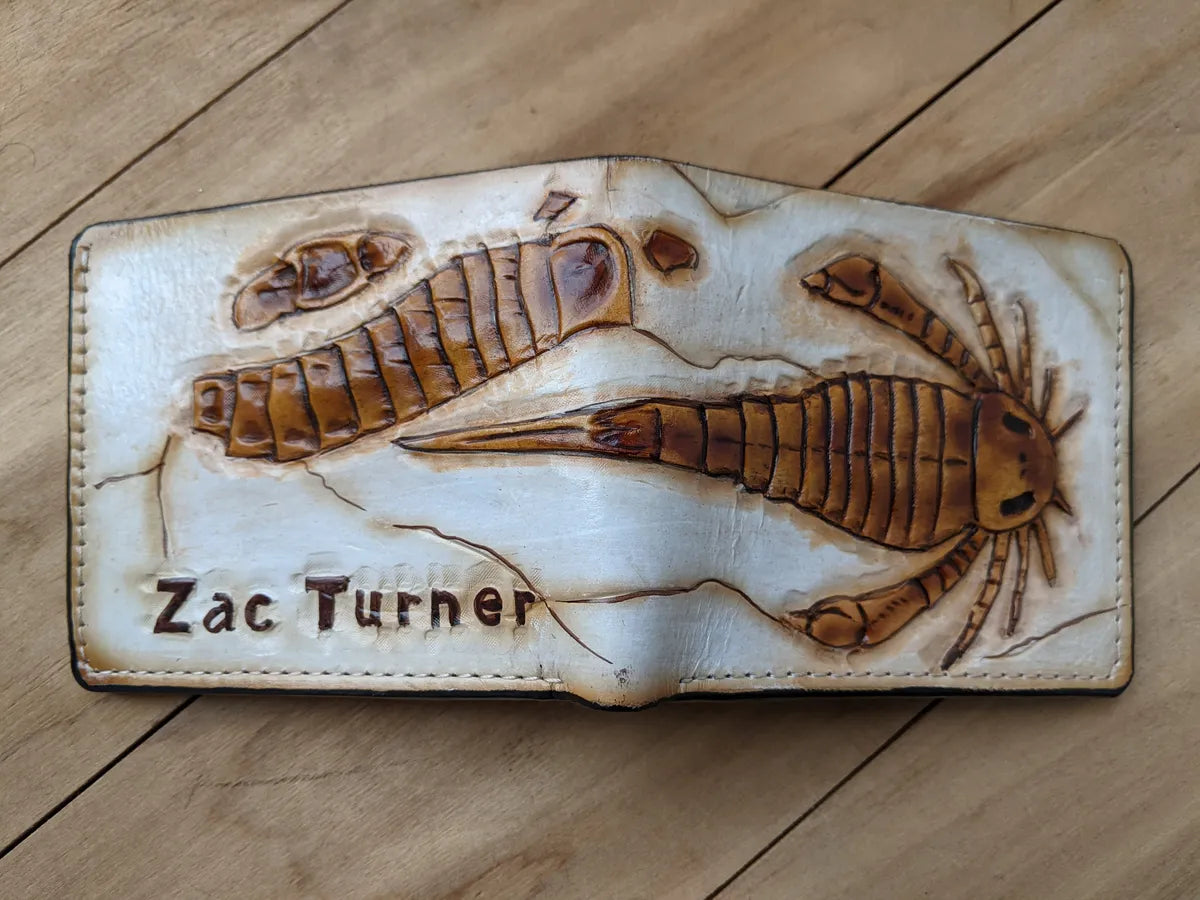 Close-up of eurypterid sea scorpion fossil embossed leather wallet