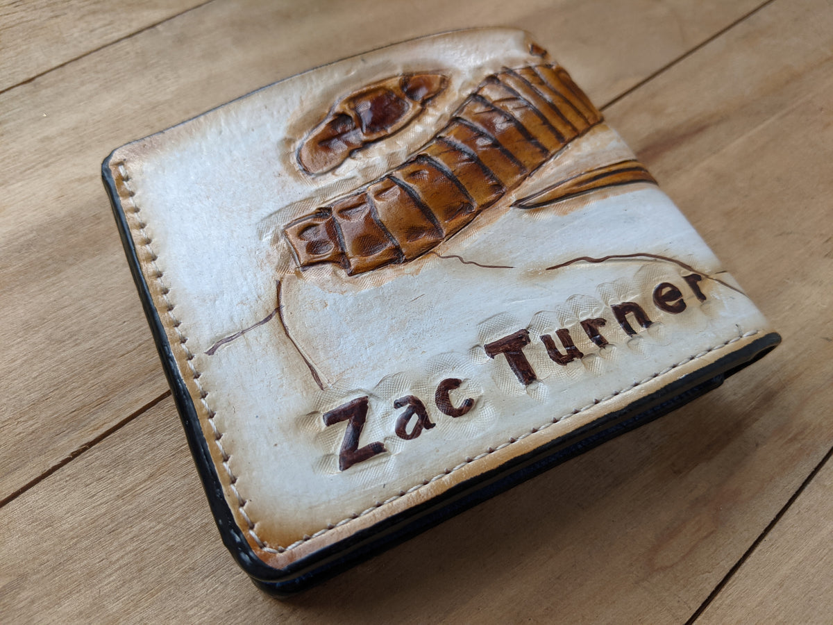 Handmade leather bifold wallet Eurypterid sea scorpion fossil design, perfect gift for fossil enthusiasts