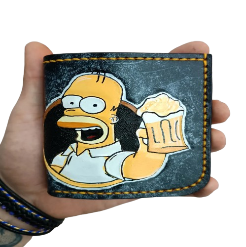 M1N4, Homer Simpson Bifold Leather Wallet | Duff Beer Mug Bar Design for Beer Lovers