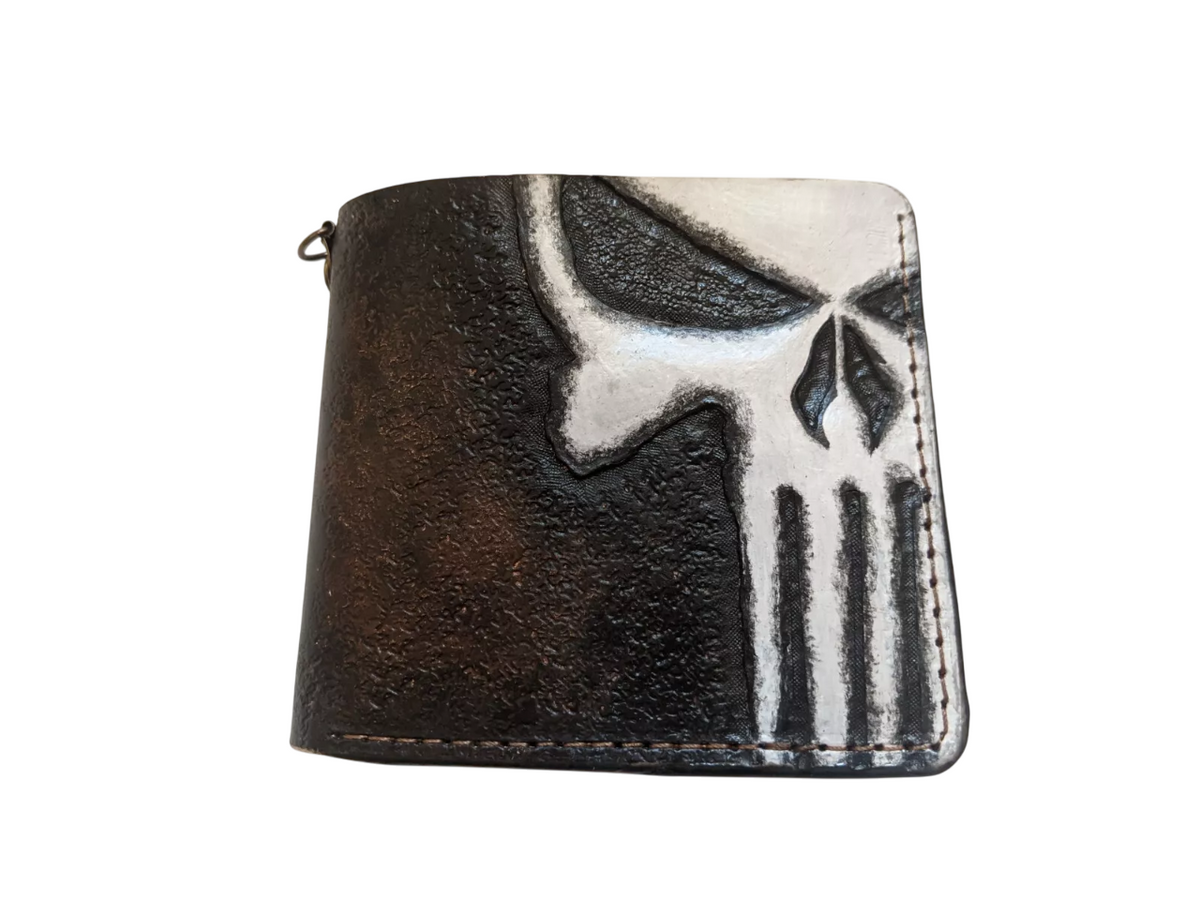 #028 Hand Tooled Punisher Skull Leather Bifold Wallet – Embossed Biker Wallet, Unique Gift for Him