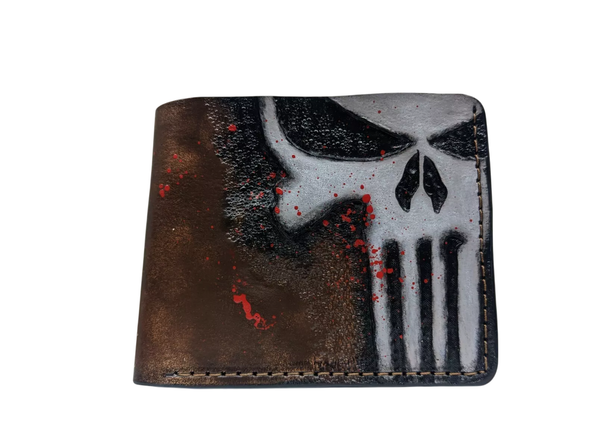 #029 Hand Tooled Blood Punisher Skull Leather Bifold Wallet – Embossed Biker Wallet, Unique Gift for Him