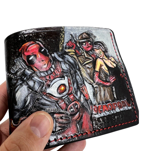 #021 Bifold Leather Wallet - Deadpool Embossed Superhero Design with Buckle Down | Perfect Gift for Him