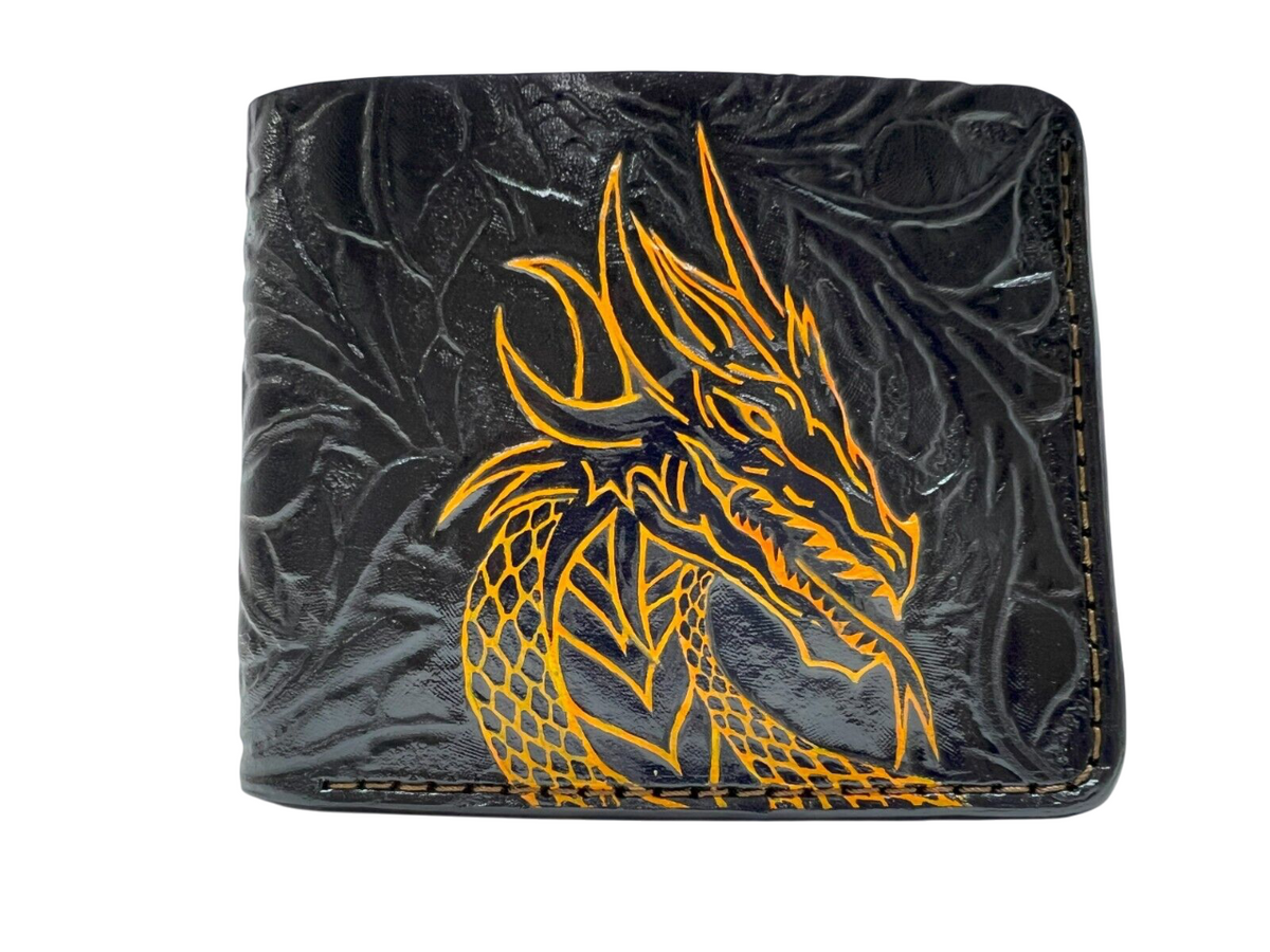 #022 Hand Tooled Dragon Leather Bifold Wallet – Embossed Animal & Biker Wallet, Unique Gift for Him