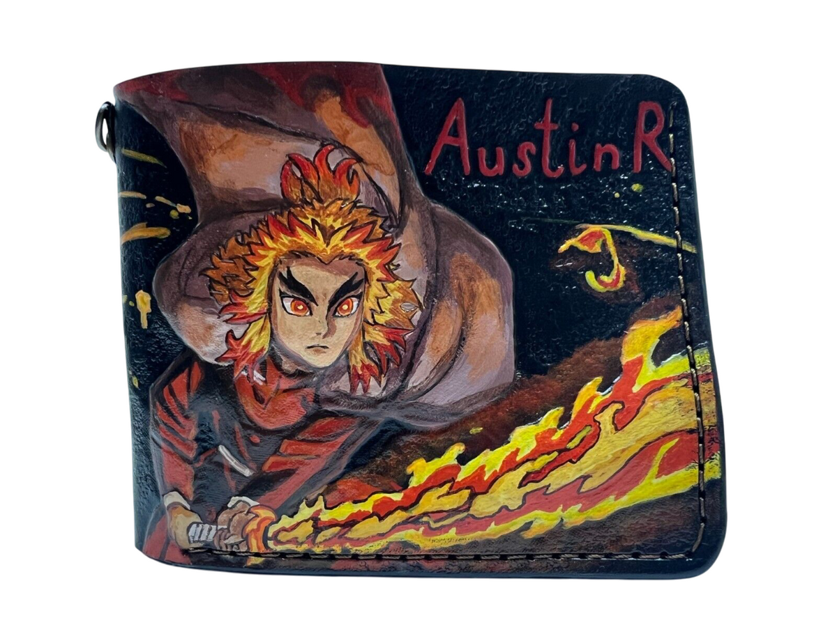 #023 Demon Slayer Bifold Leather Wallet – Kyojuro Rengoku Anime & Biker Embossed Design