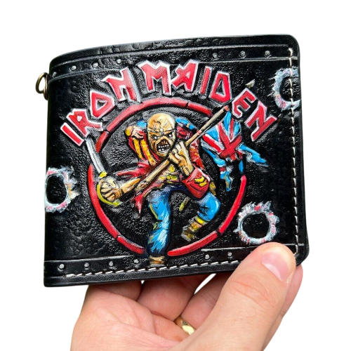 #015 Bifold Leather Wallet - Iron Maiden Skull Embossed UK Flag Design | Perfect Gift for Him