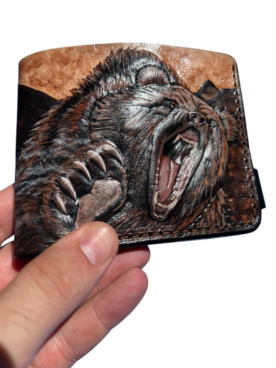 #027 Hand Tooled Bear Leather Bifold Wallet – Embossed Mountain & Anime Biker Wallet, Gift for Him