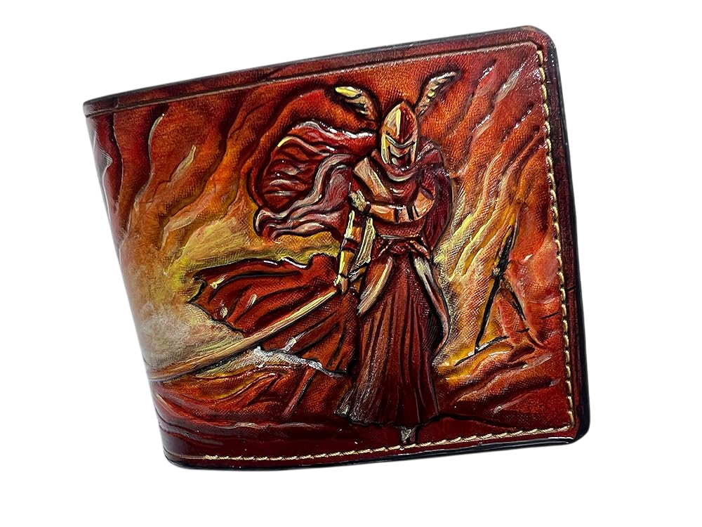 #031 Elden Ring Handcrafted Leather Bifold Wallet - Ring Malenia, Biker Designs, Hand Tooled, Embossed Wallet