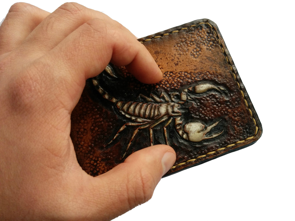 M3A2, Emperor Scorpion Minimalist Leather Money Clip Wallet | Handmade Slim Deathstalker Design - Theodoros