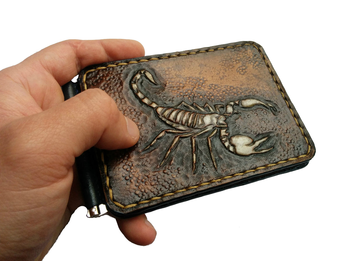 M3A2, Emperor Scorpion Minimalist Leather Money Clip Wallet | Handmade Slim Deathstalker Design - Theodoros