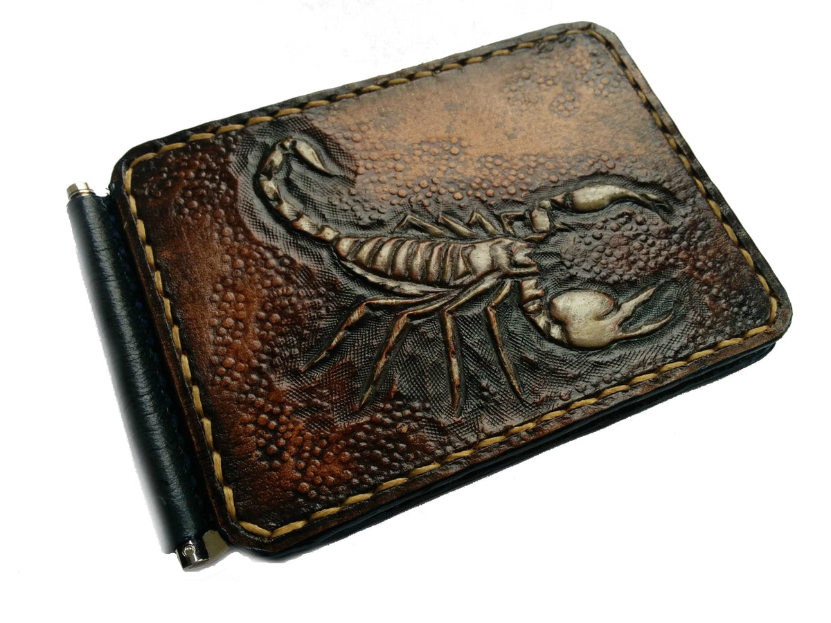 M3A2, Emperor Scorpion Minimalist Leather Money Clip Wallet | Handmade Slim Deathstalker Design - Theodoros