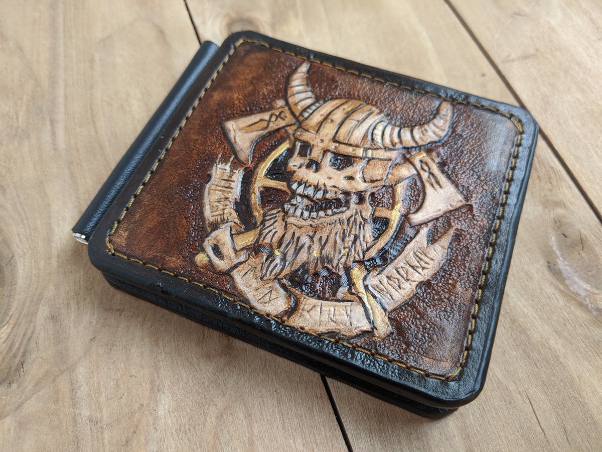 M3Q2, Viking Warrior Odin Skull & Runes Money Clip Wallet - Theodoros