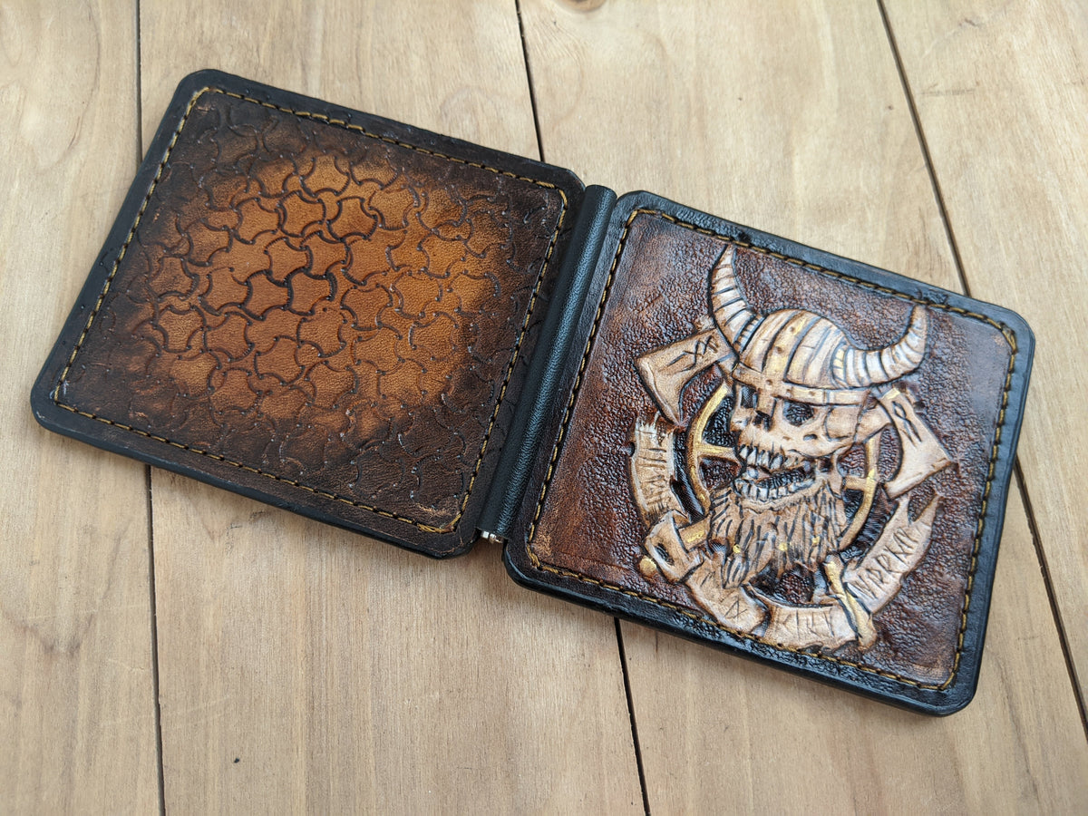 M3Q2, Viking Warrior Odin Skull & Runes Money Clip Wallet - Theodoros