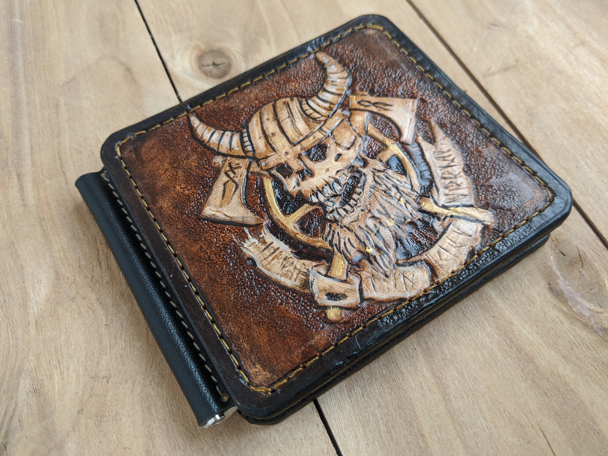 M3Q2, Viking Warrior Odin Skull & Runes Money Clip Wallet - Theodoros
