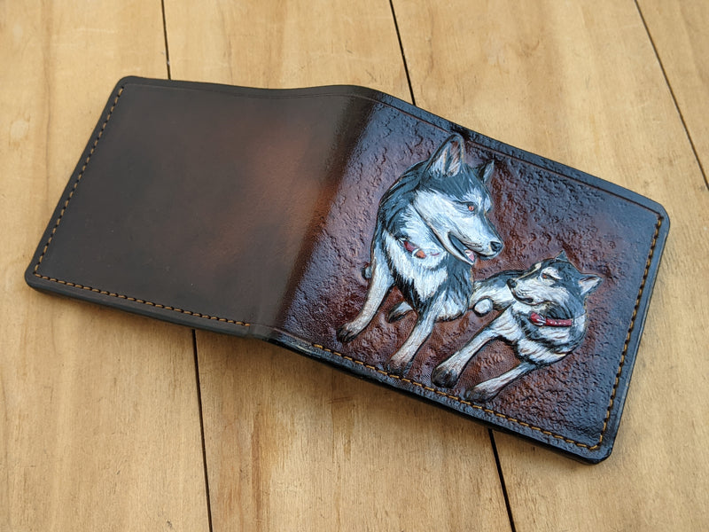 Handmade leather bifold wallet with carved Siberian Husky design, perfect gift for dog lovers and pet owners