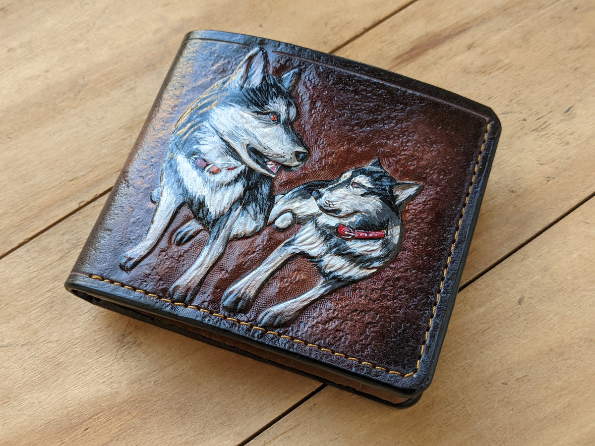 Handmade leather bifold wallet with tooled Siberian Husky design, perfect gift for dog lovers and pet owners