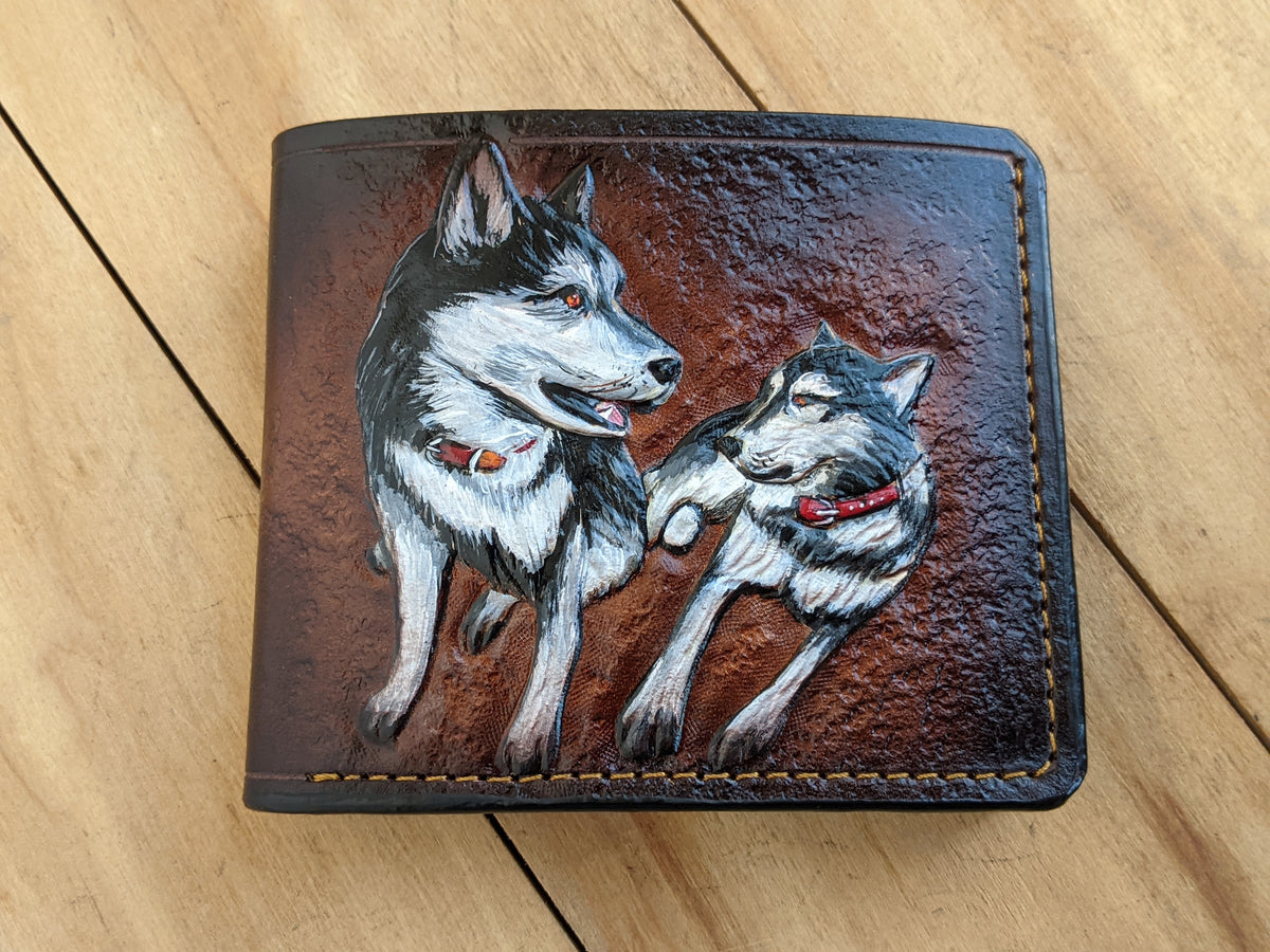 Handmade leather bifold wallet with painted Siberian Husky design, perfect gift for dog lovers and pet owners