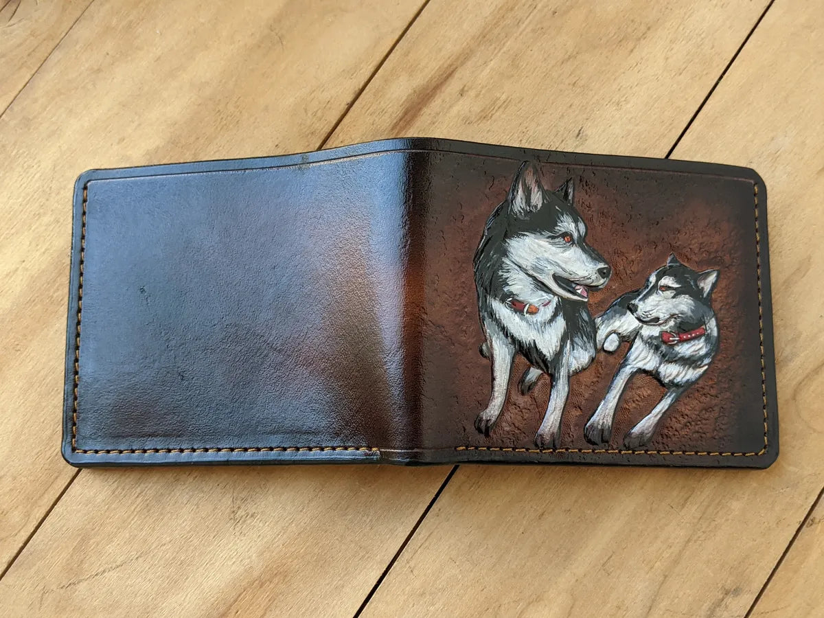 Dog-themed leather bifold wallet with Siberian Husky artwork