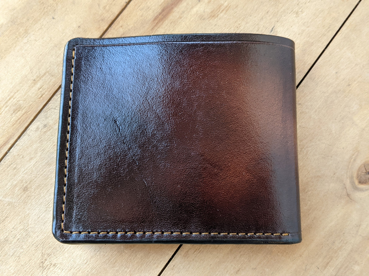 Handmade leather bifold wallet with carved Siberian Husky design, perfect Valentines days gift