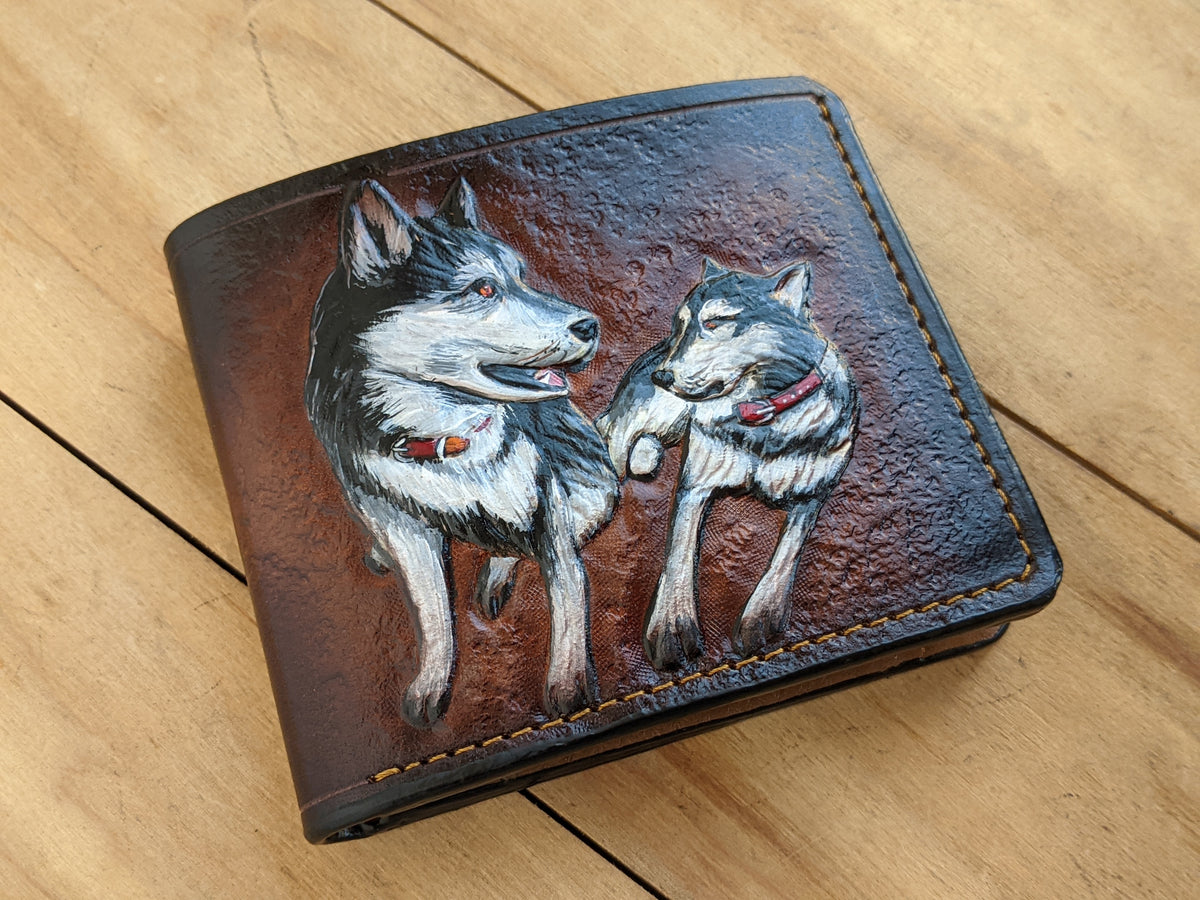Handmade leather bifold wallet with embossed Siberian Husky design, perfect gift for dog lovers and pet owners