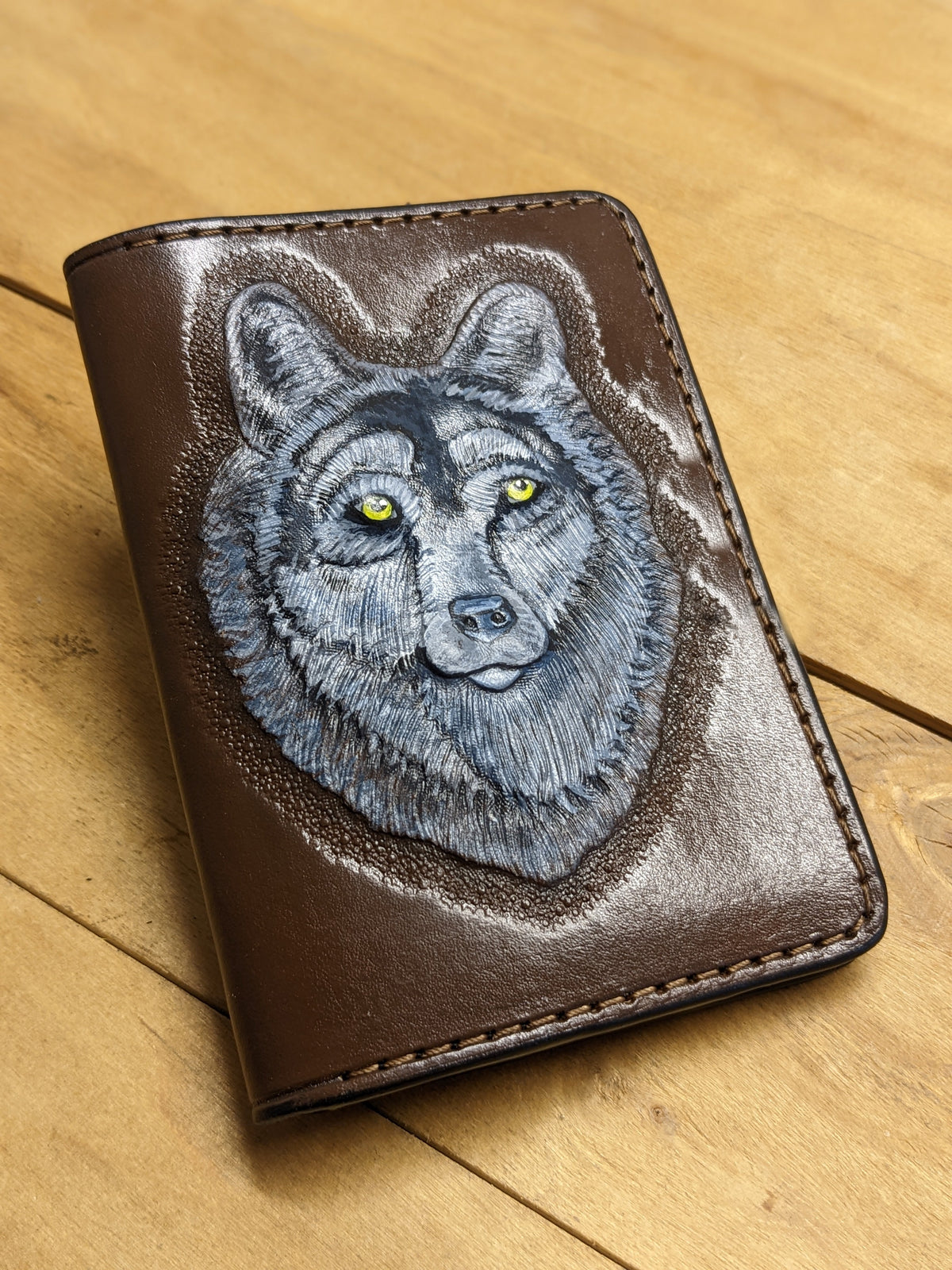 U1A1 Gray Wolf Embossed Leather Travel Passport Wallet - Theodoros