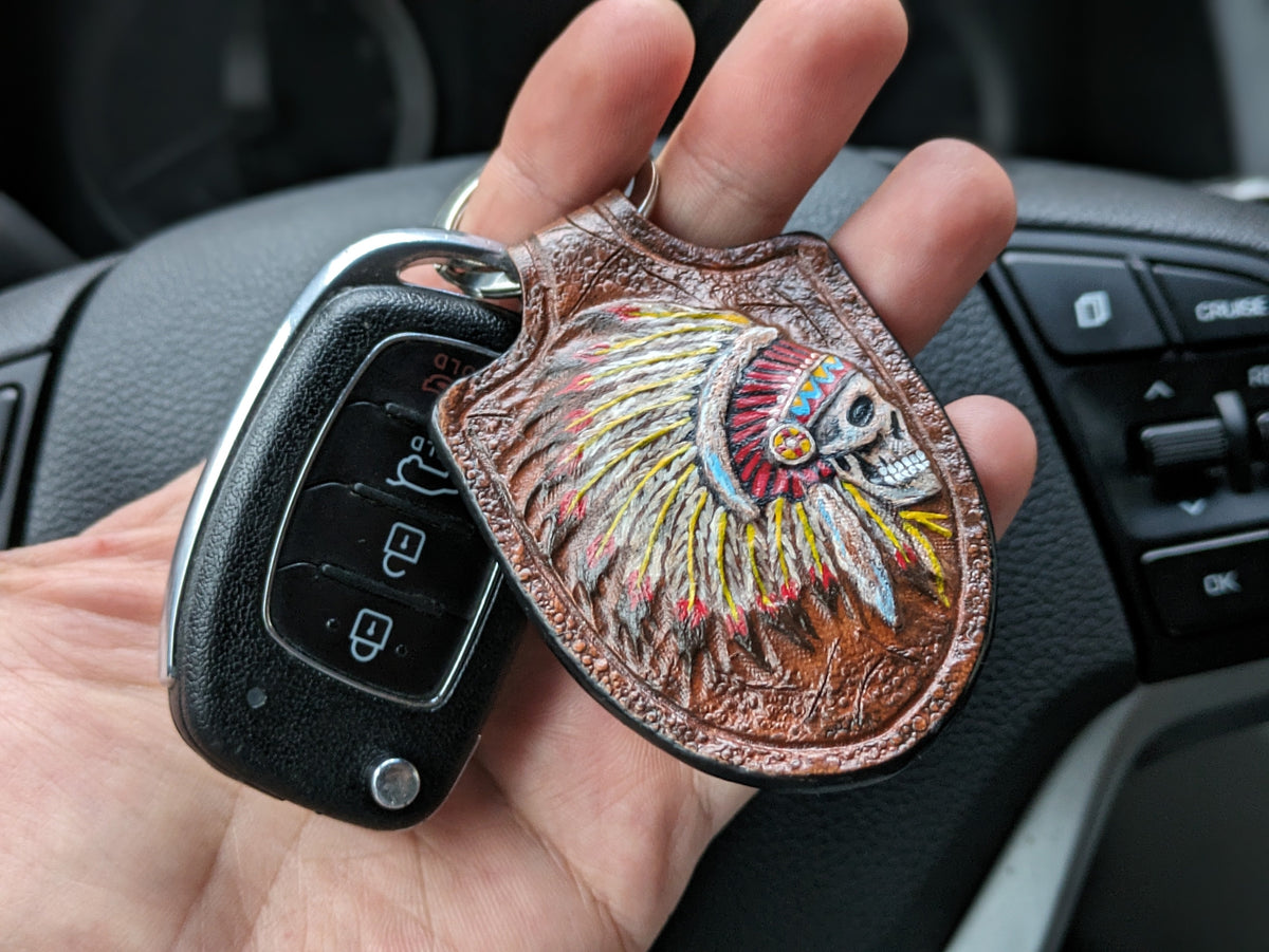 U6S1, Indian Chief Skull & Native American Skeleton Keychain - Theodoros