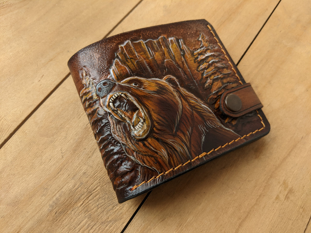 Handmade grizzly bear embossed leather bifold wallet for hunters. Perfect Father’s Day gift for him with RFID protection.