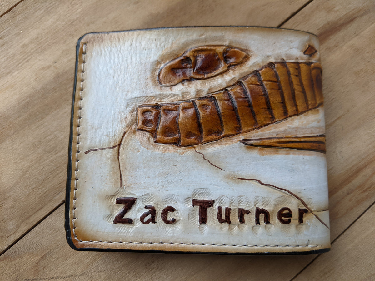 Handmade Eurypterid Sea Scorpion bifold leather wallet with fossil embossed design. Perfect gift for him with RFID protection.