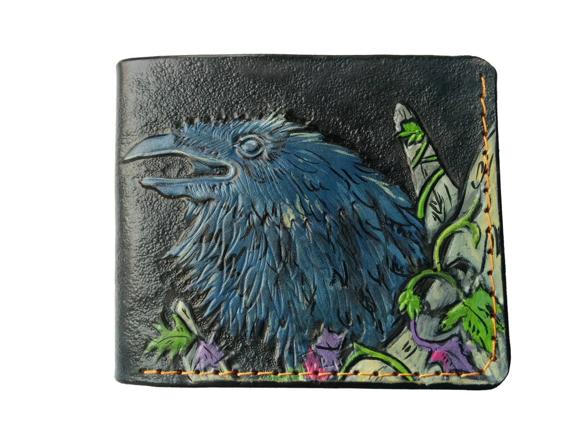 Handmade Odin Raven Huginn & Muninn bifold leather wallet. Embossed Crow with gothic fantasy art. Features RFID protection.