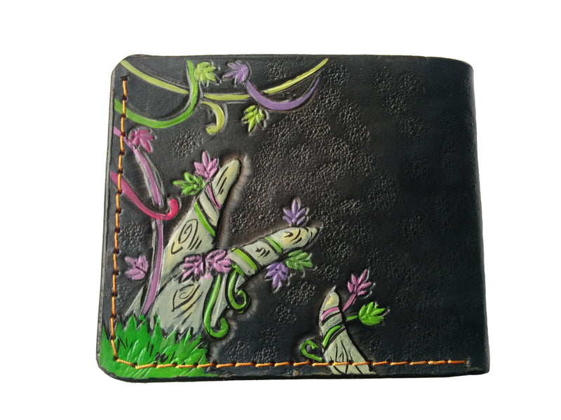 Handmade Odin Raven Huginn & Muninn bifold leather wallet. Embossed Crow with gothic fantasy art. Features RFID protection.