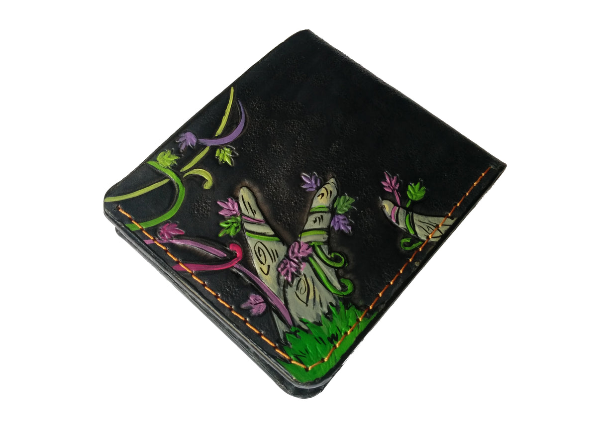 Handmade Odin Raven Huginn & Muninn bifold leather wallet. Embossed Crow with gothic fantasy art. Features RFID protection.